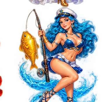Sailor girl with a fishing rod and golden fish